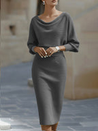 Barbara | Women's Midi Dress with Round Neckline, Flowing Draped Midi Dress | The Dress Cellar