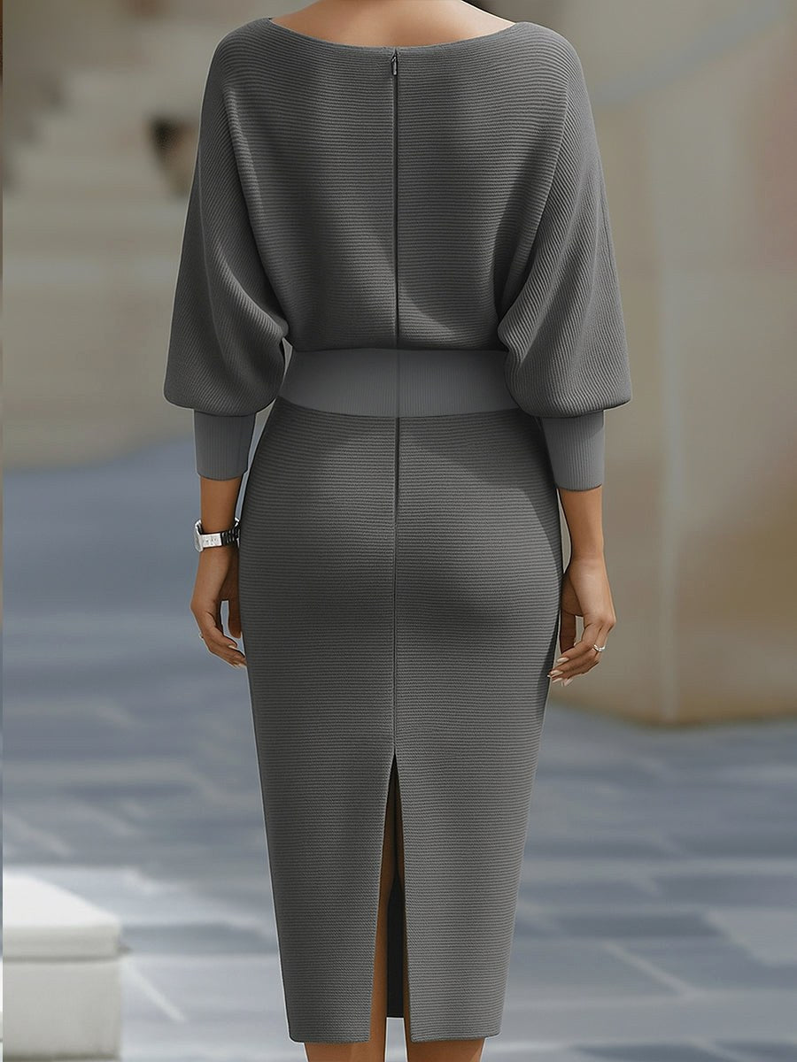 Barbara | Women's Midi Dress with Round Neckline, Flowing Draped Midi Dress | The Dress Cellar
