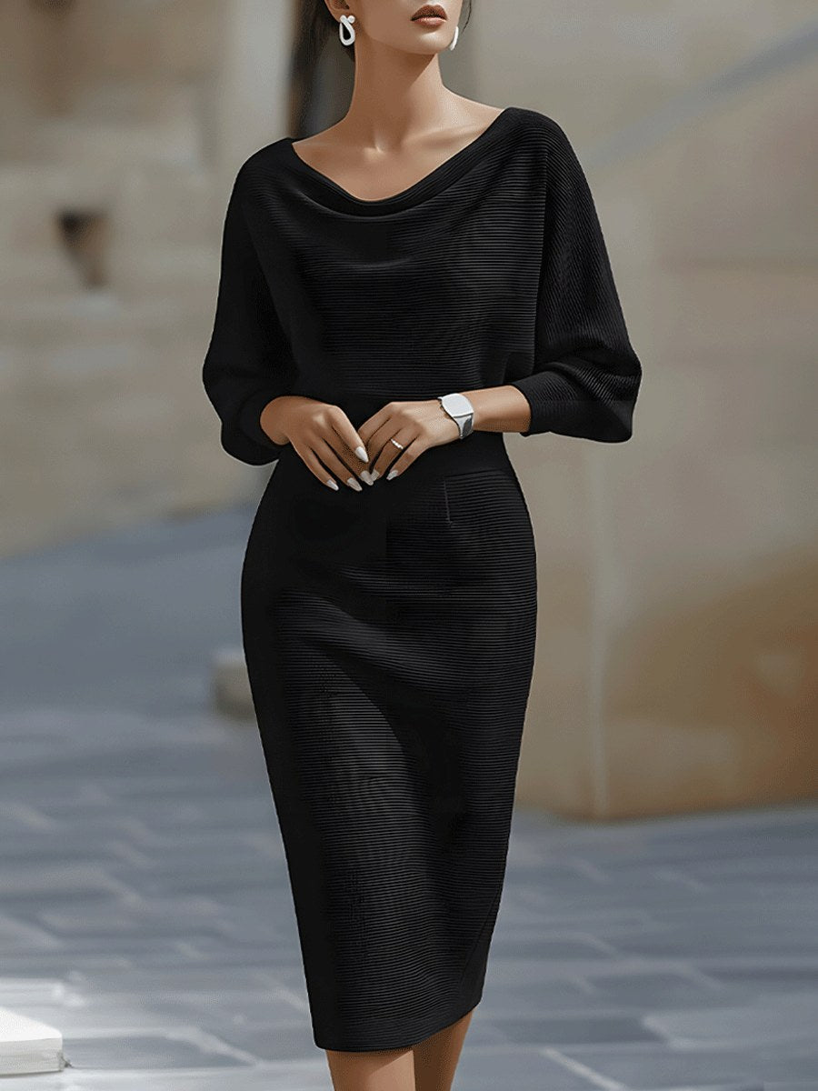Barbara | Women's Midi Dress with Round Neckline, Flowing Draped Midi Dress | The Dress Cellar