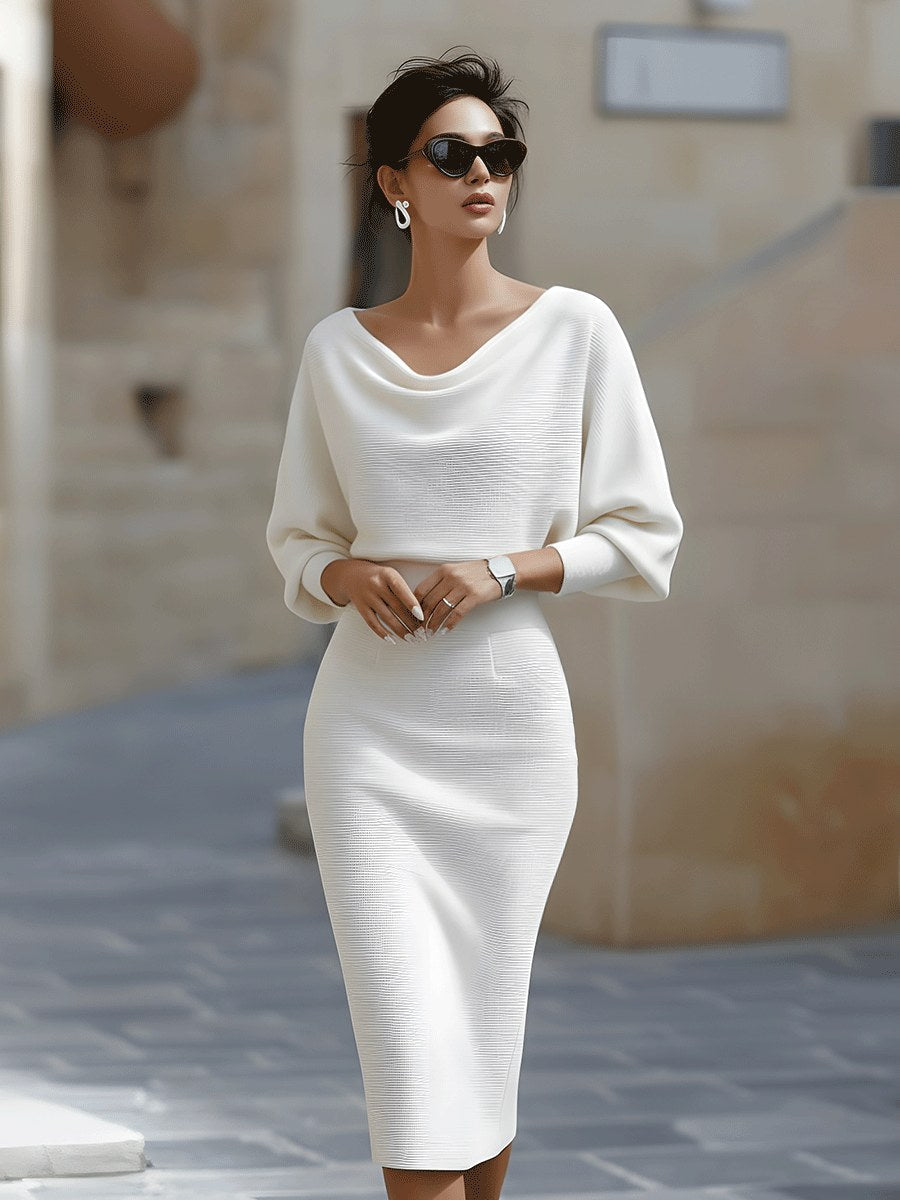 Barbara | Women's Midi Dress with Round Neckline, Flowing Draped Midi Dress | The Dress Cellar