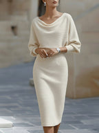 Barbara | Women's Midi Dress with Round Neckline, Flowing Draped Midi Dress | The Dress Cellar
