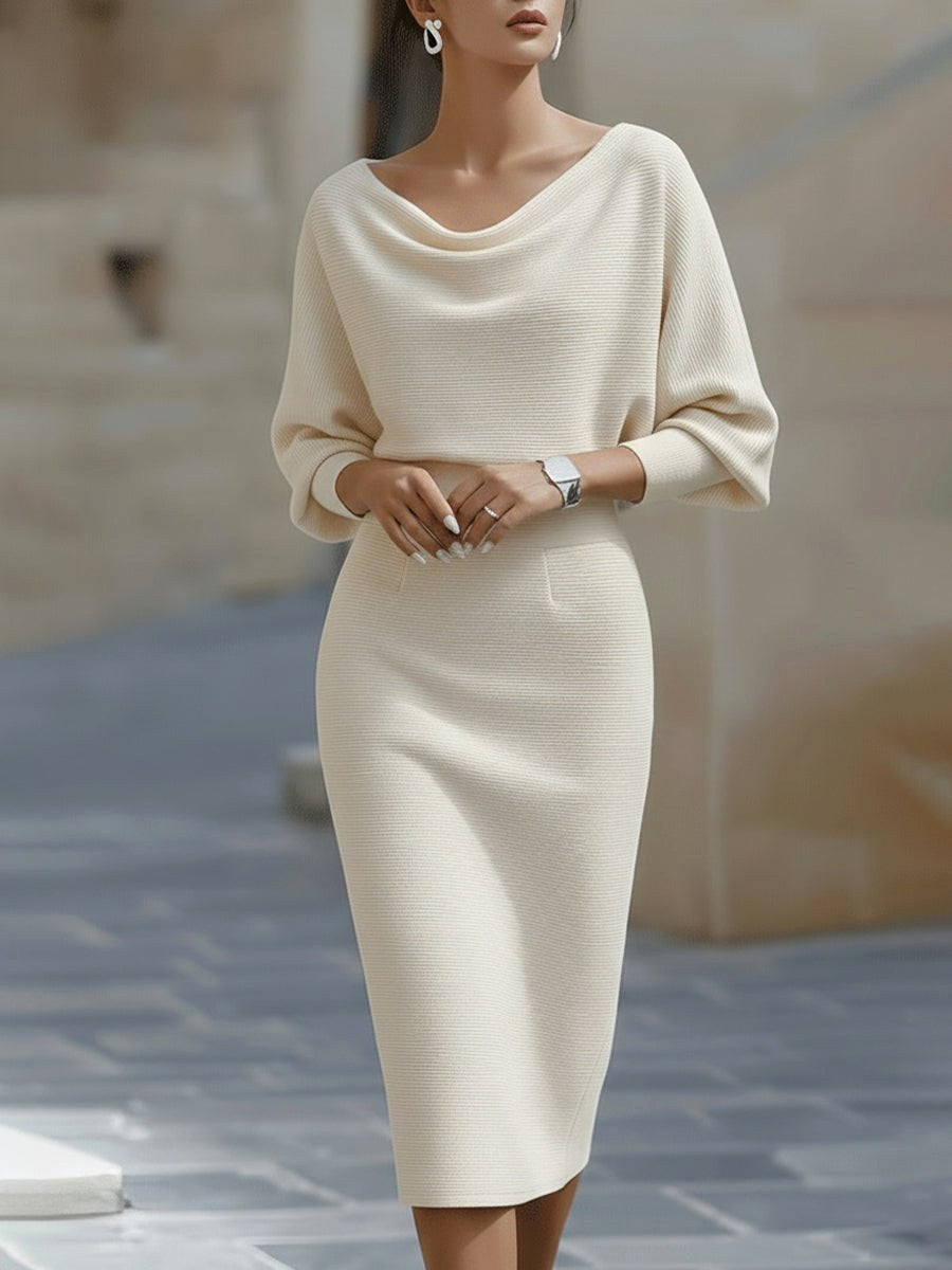 Barbara | Women's Midi Dress with Round Neckline, Flowing Draped Midi Dress | The Dress Cellar