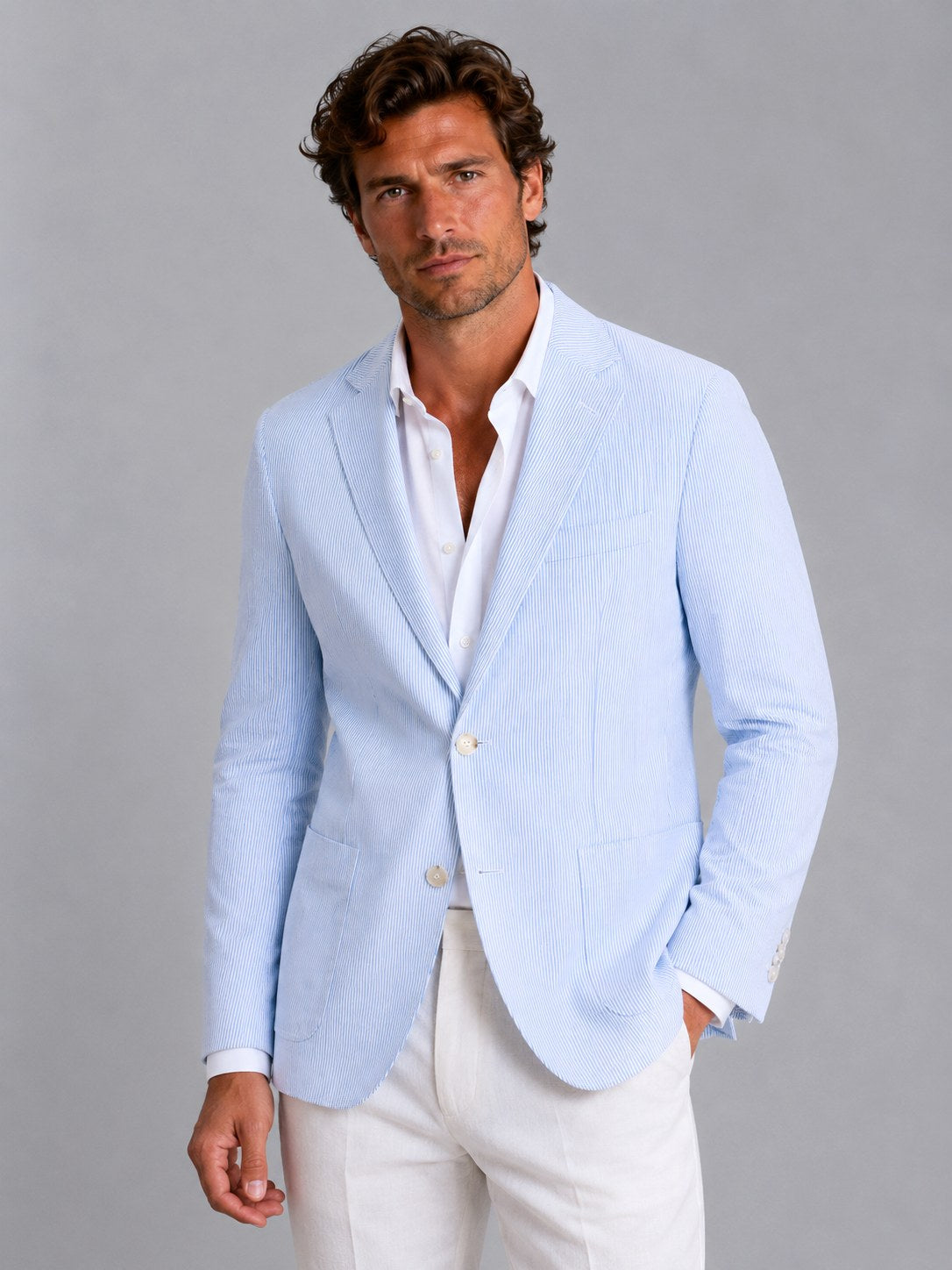 Shaun | Men's Striped Tailored Blazer, Lightweight Suit Jacket | The Dress Cellar | Light Blue