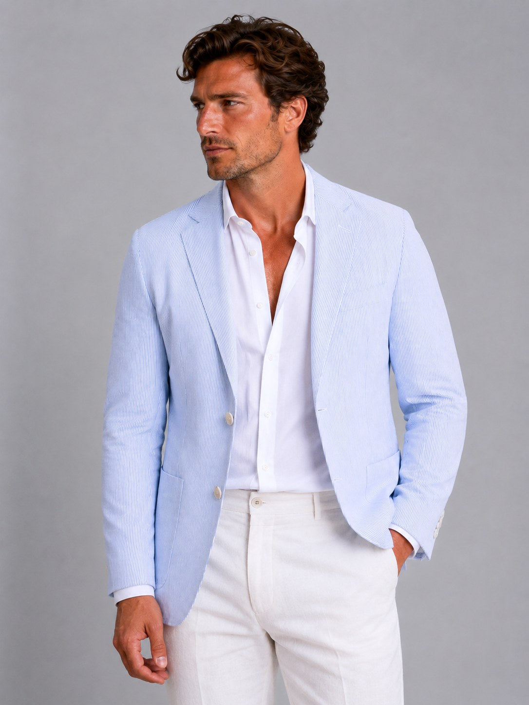 Shaun | Men's Striped Tailored Blazer, Lightweight Suit Jacket | The Dress Cellar | Khaki