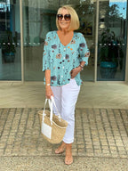 Sherry | Women's Floral Short Sleeve Top - Blue