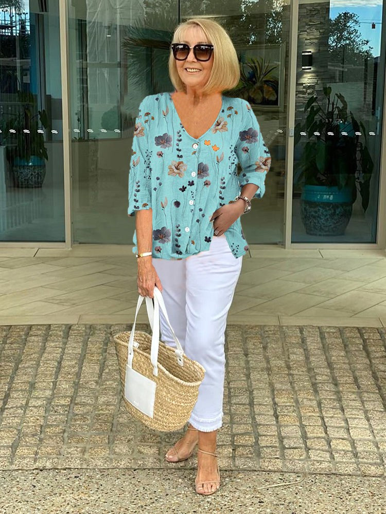Sherry | Women's Floral Short Sleeve Top - Blue