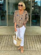 Sherry | Women's Floral Short Sleeve Top - Khaki