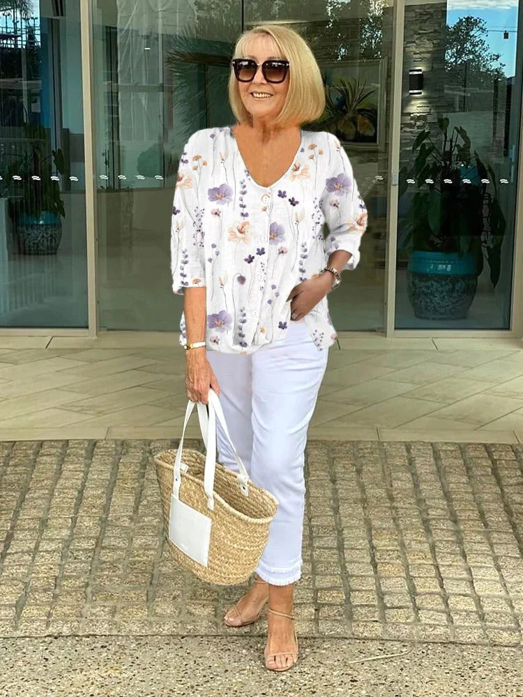 Sherry | Women's Floral Short Sleeve Top - White