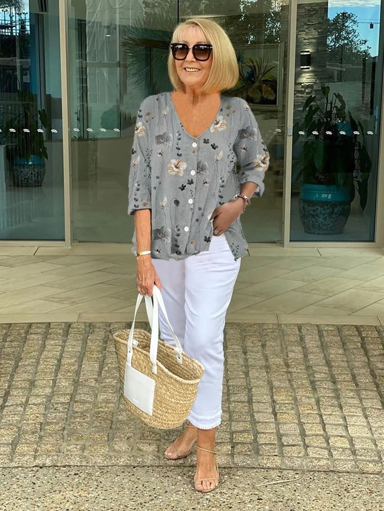 Sherry | Women's Floral Short Sleeve Top - Grey