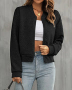 Simone | Women's Quilted Bomber Jacket, Zip-Up Collarless Jacket | The Dress Cellar | Black