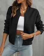 Simone | Women's Quilted Bomber Jacket, Zip-Up Collarless Jacket | The Dress Cellar | White