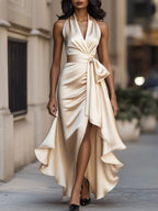 Solange | Women's Halterneck Wrap Maxi Dress, Asymmetrical Evening Dress | The Dress Cellar | Navy Blue