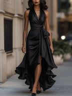 Solange | Women's Halterneck Wrap Maxi Dress, Asymmetrical Evening Dress | The Dress Cellar