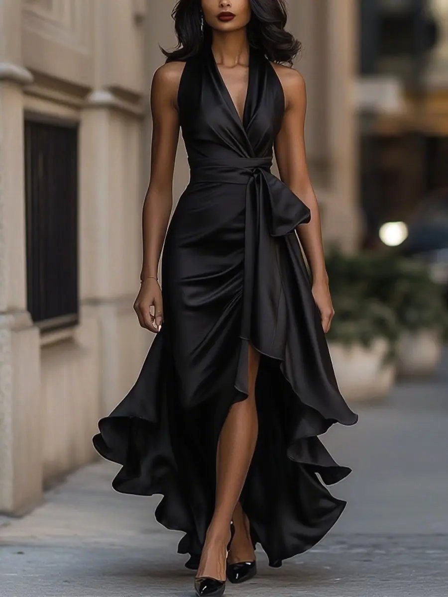Solange | Women's Halterneck Wrap Maxi Dress, Asymmetrical Evening Dress | The Dress Cellar