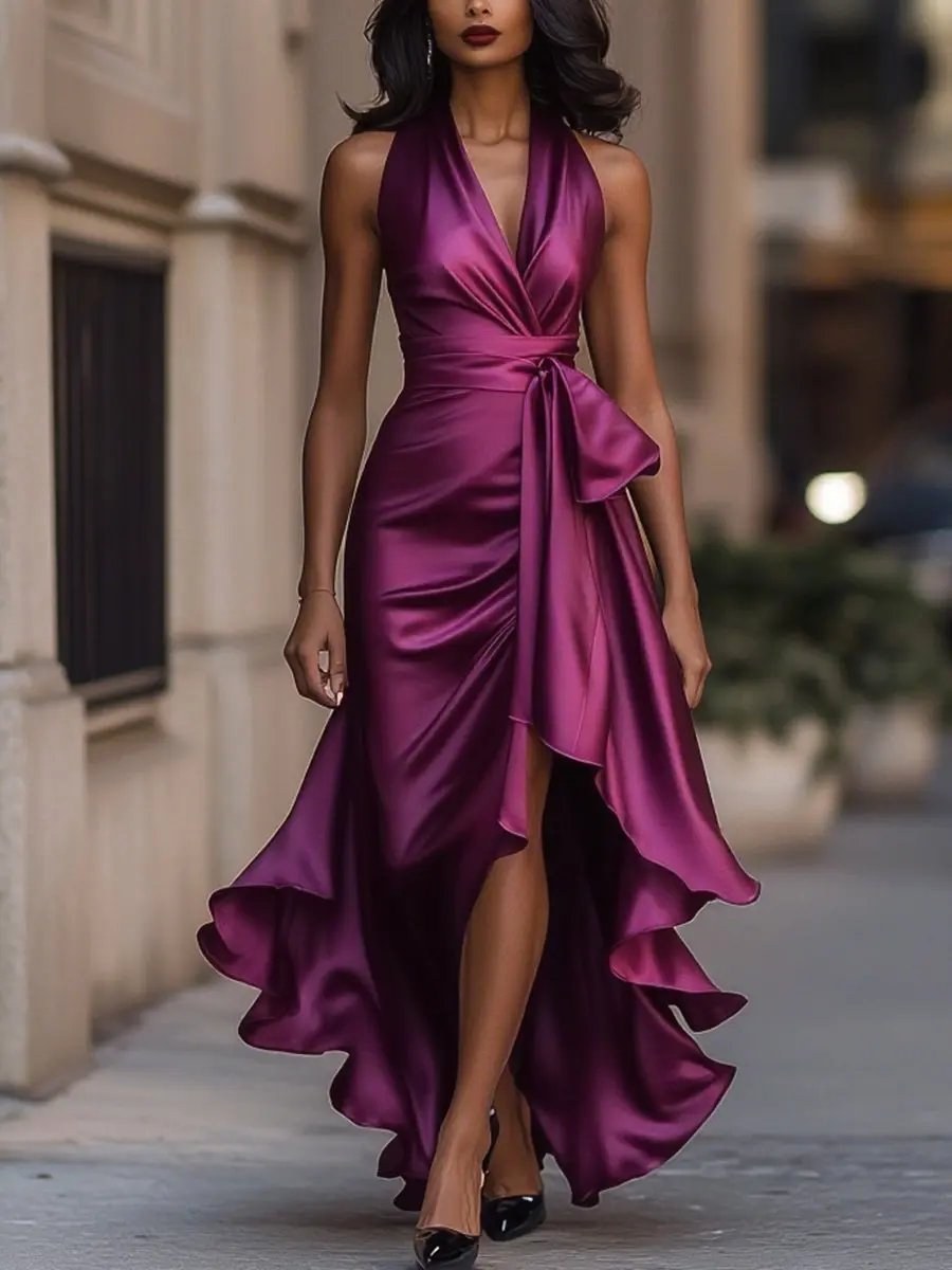 Solange | Women's Halterneck Wrap Maxi Dress, Asymmetrical Evening Dress | The Dress Cellar