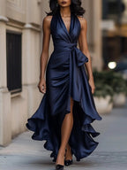 Solange | Women's Halterneck Wrap Maxi Dress, Asymmetrical Evening Dress | The Dress Cellar | Champagne