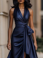 Solange | Women's Halterneck Wrap Maxi Dress, Asymmetrical Evening Dress | The Dress Cellar | Burgundy