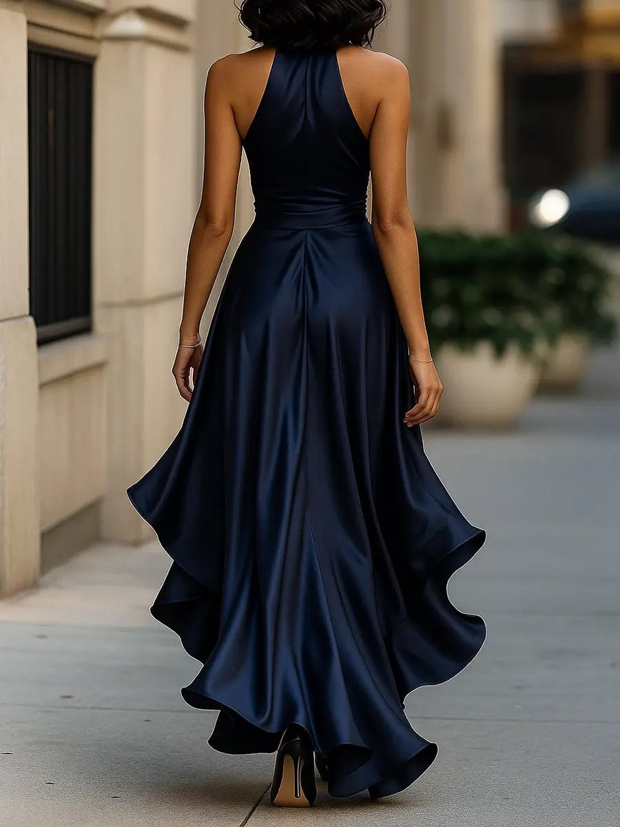 Solange | Women's Halterneck Wrap Maxi Dress, Asymmetrical Evening Dress | The Dress Cellar | Royal Blue