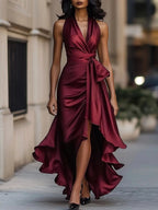 Solange | Women's Halterneck Wrap Maxi Dress, Asymmetrical Evening Dress | The Dress Cellar | Brown