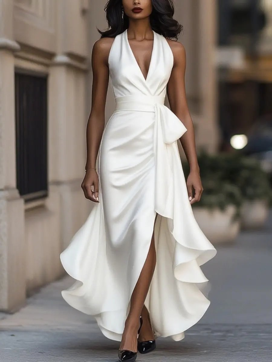 Solange | Women's Halterneck Wrap Maxi Dress, Asymmetrical Evening Dress | The Dress Cellar | Black