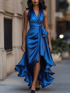 Solange | Women's Halterneck Wrap Maxi Dress, Asymmetrical Evening Dress | The Dress Cellar | Fuchsia