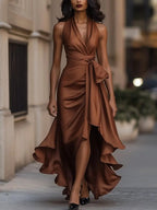 Solange | Women's Halterneck Wrap Maxi Dress, Asymmetrical Evening Dress | The Dress Cellar