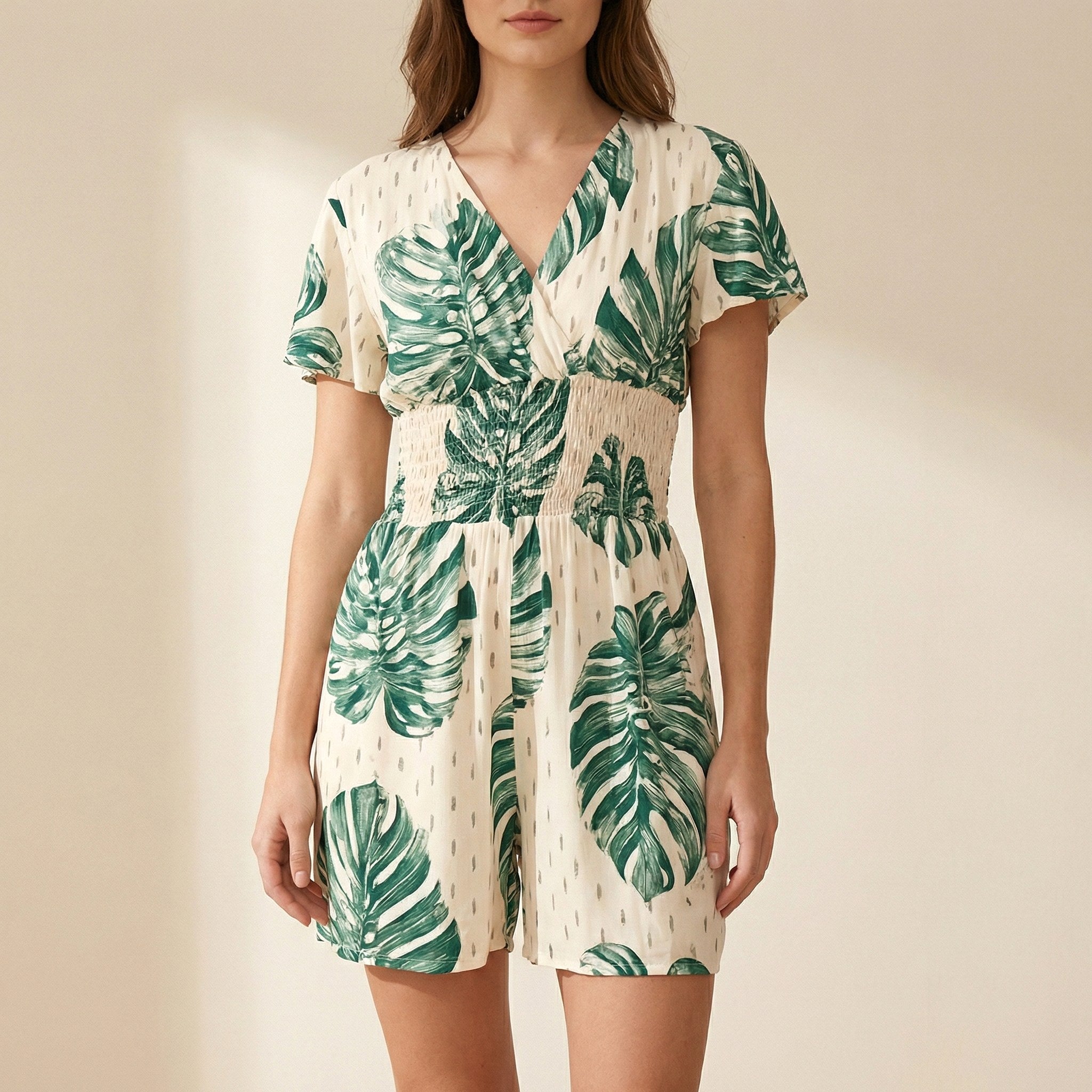 Soleila | Women's Tropical Wrap Romper With Pockets - White