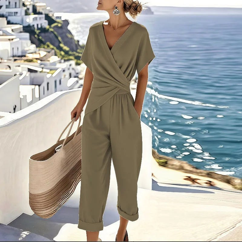 Sophia | Women's Elegant Wrap Two-Piece Set - Khaki