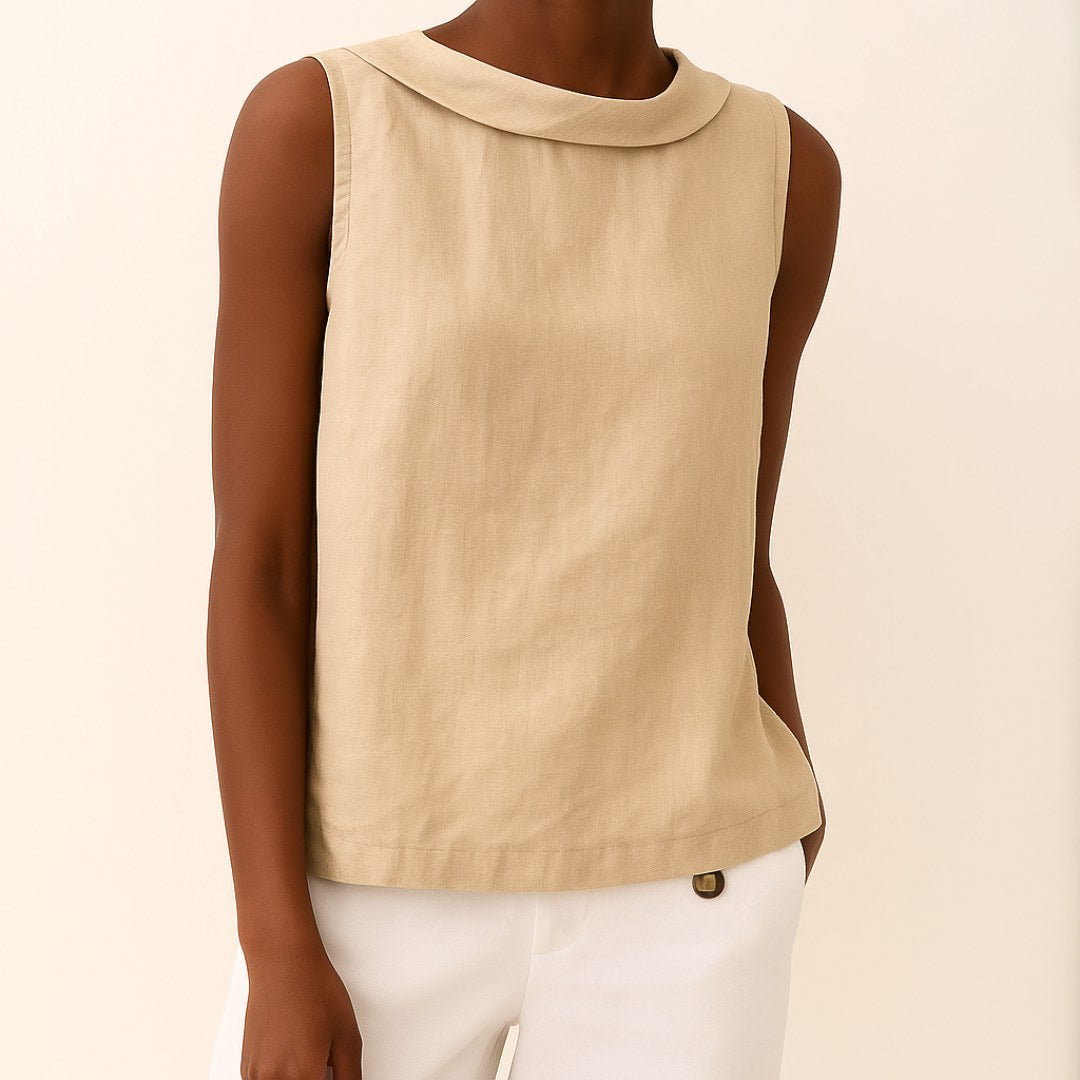 Sophia | Women's Sleeveless Roll Collar Top - Blue