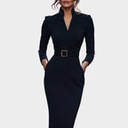 Stella | Women's Mock Wrap Midi Dress with Belt - Black