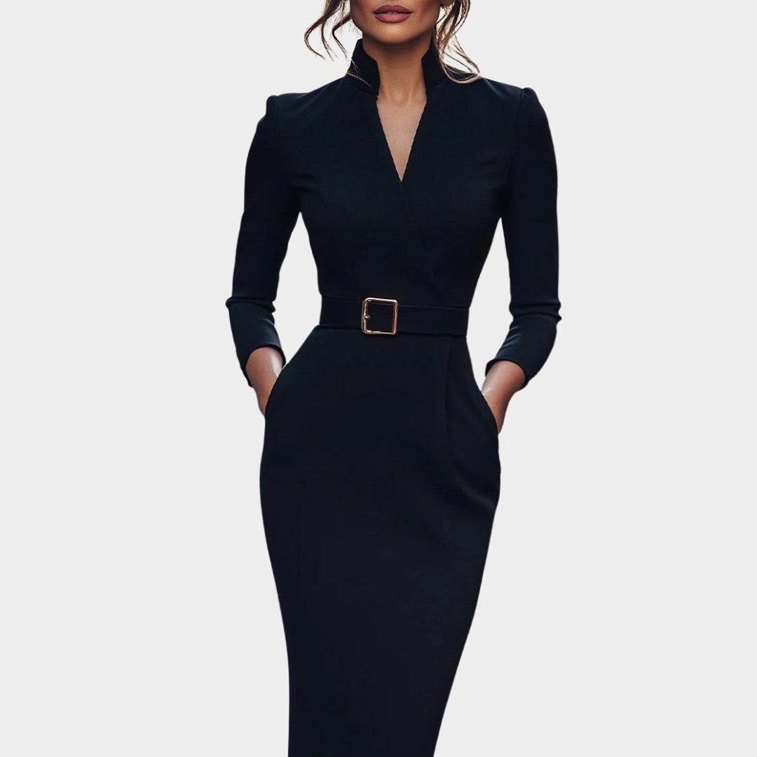 Stella | Women's Mock Wrap Midi Dress with Belt - Black