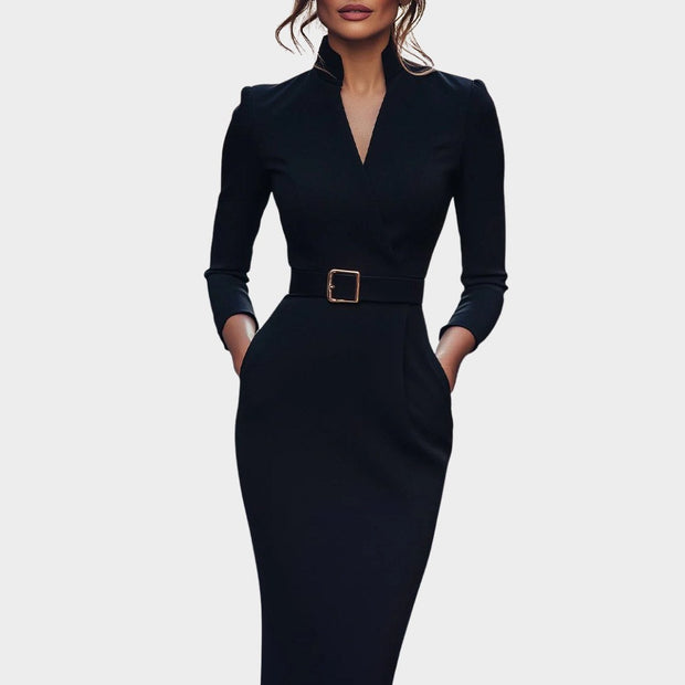 Stella | Women's Mock Wrap Midi Dress with Belt - Black