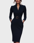 Stella | Women's Mock Wrap Midi Dress with Belt - Navy Blue