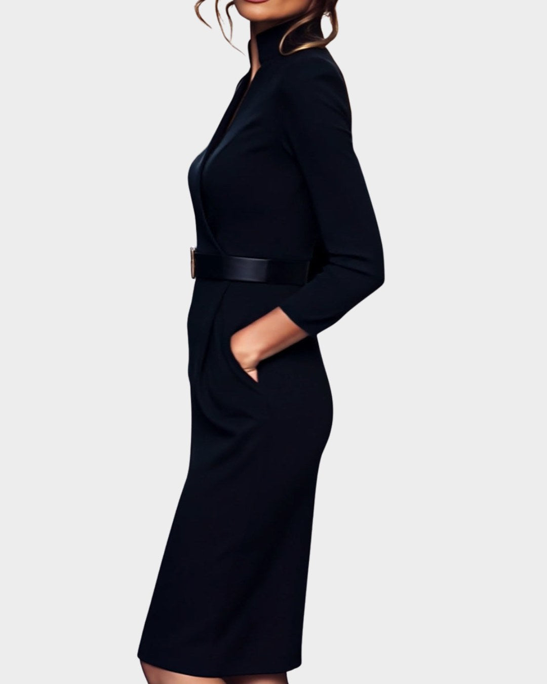 Stella | Women's Mock Wrap Midi Dress with Belt - Gray