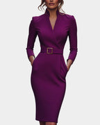 Stella | Women's Mock Wrap Midi Dress with Belt - Brick Red
