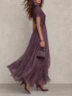 Rose | Women's Chiffon Maxi Dress, Puff Sleeve Evening Dress | The Dress Cellar