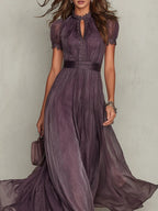 Rose | Women's Chiffon Maxi Dress, Puff Sleeve Evening Dress | The Dress Cellar