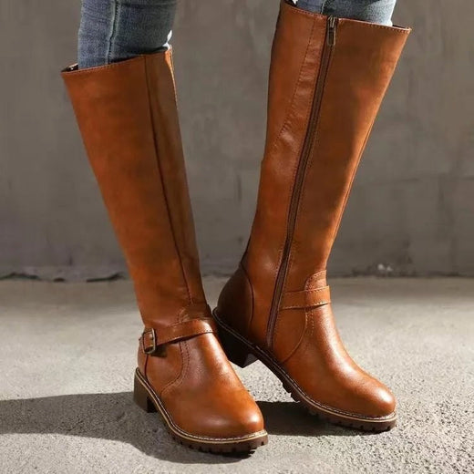 Sylvia | Women's Orthopedic Leather Knee-High Boots, Block Heel Autumn Boots | The Dress Cellar | Light Brown