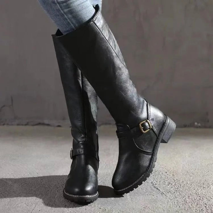 Sylvia | Women's Orthopedic Leather Knee-High Boots, Block Heel Autumn Boots | The Dress Cellar | DarkBrown
