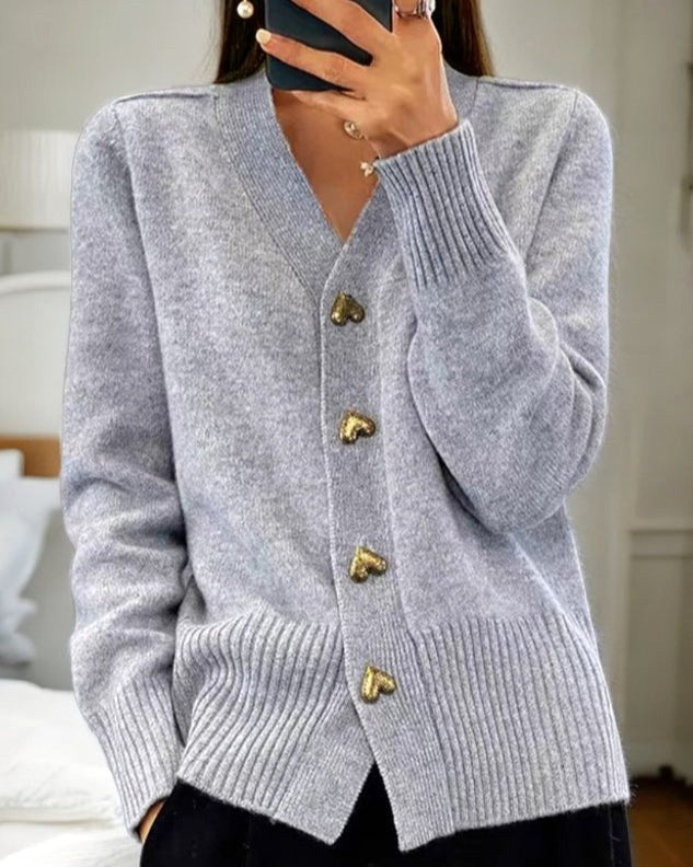 Sylvie | Women's V-Neck Button-Front Cardigan, Long Sleeve Ribbed Knit Cardigan | The Dress Cellar | Grey