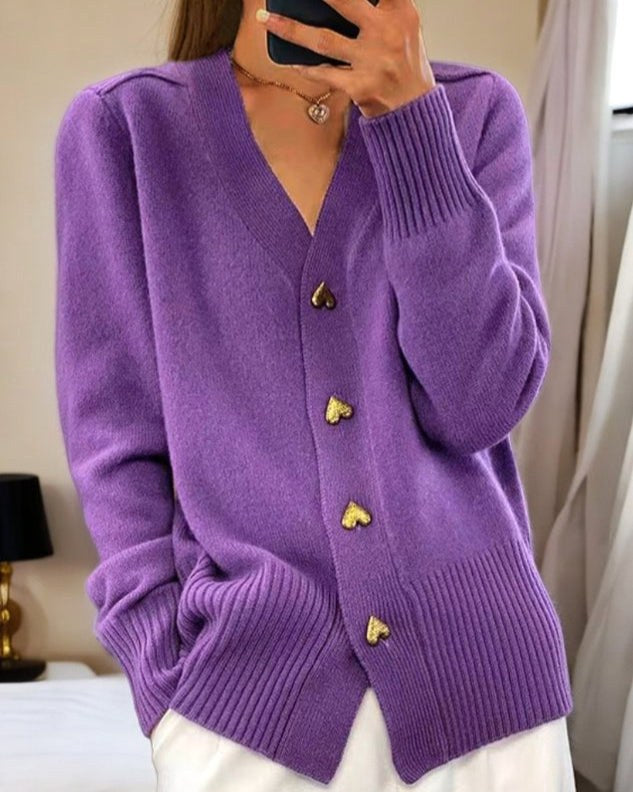 Sylvie | Women's V-Neck Button-Front Cardigan, Long Sleeve Ribbed Knit Cardigan | The Dress Cellar | Violet