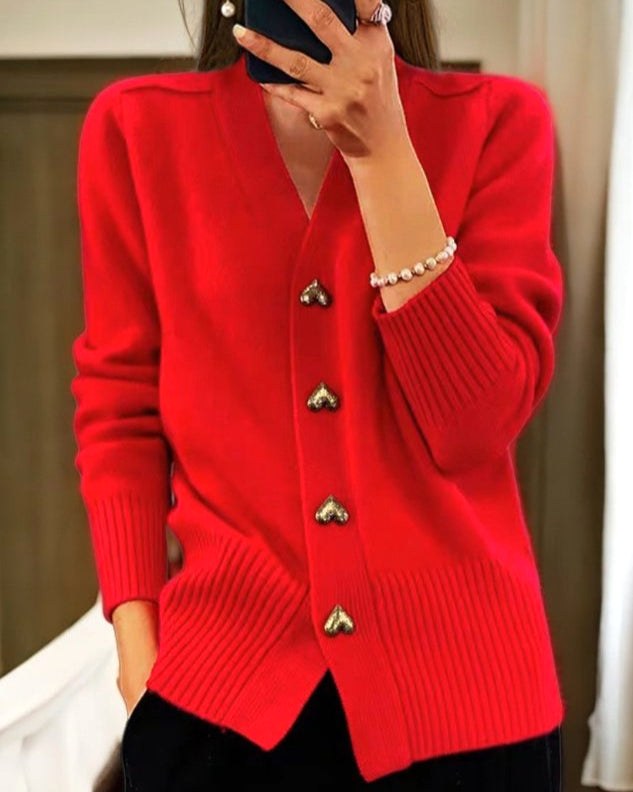 Sylvie | Women's V-Neck Button-Front Cardigan, Long Sleeve Ribbed Knit Cardigan | The Dress Cellar | Red