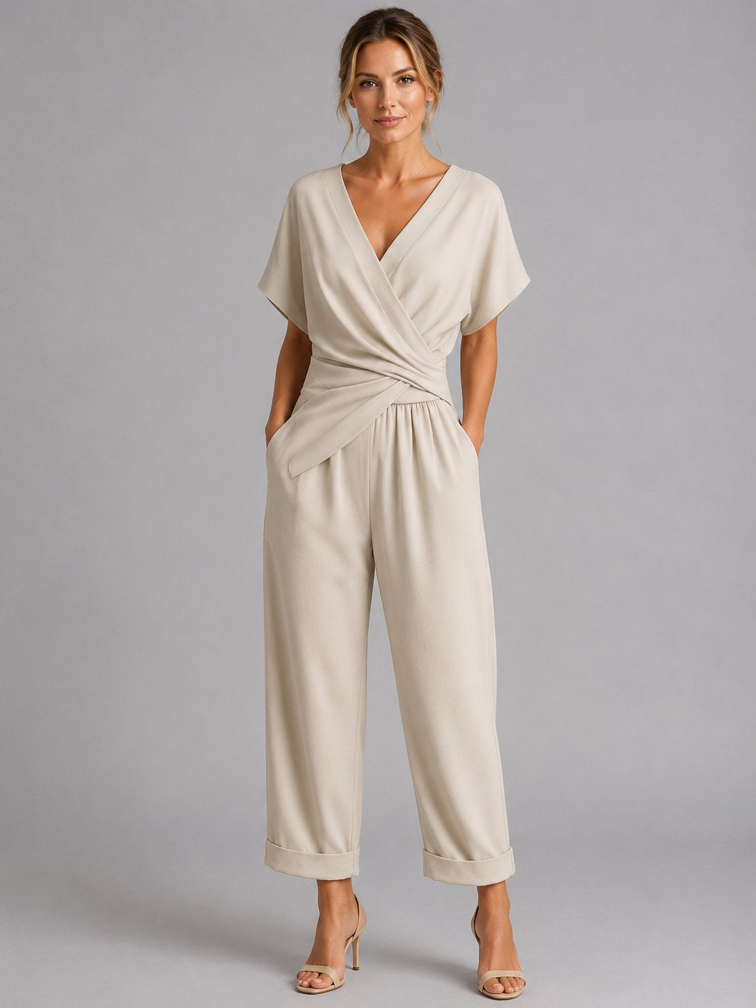 Sylvie | Women's Wrap-Front Two-Piece Set, Relaxed Cropped Trousers | The Dress Cellar | Apricot