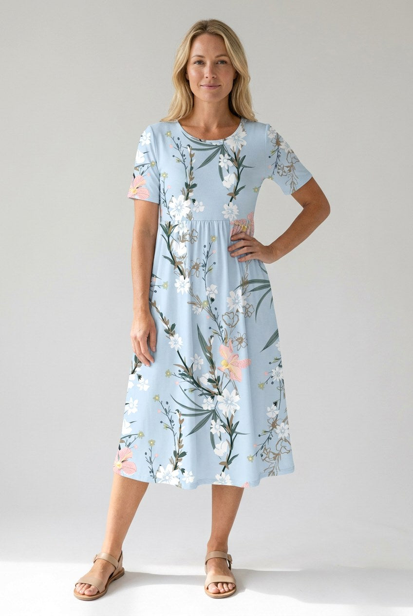 Teagan | Women's Printed Floral Midi Dress - Light Blue