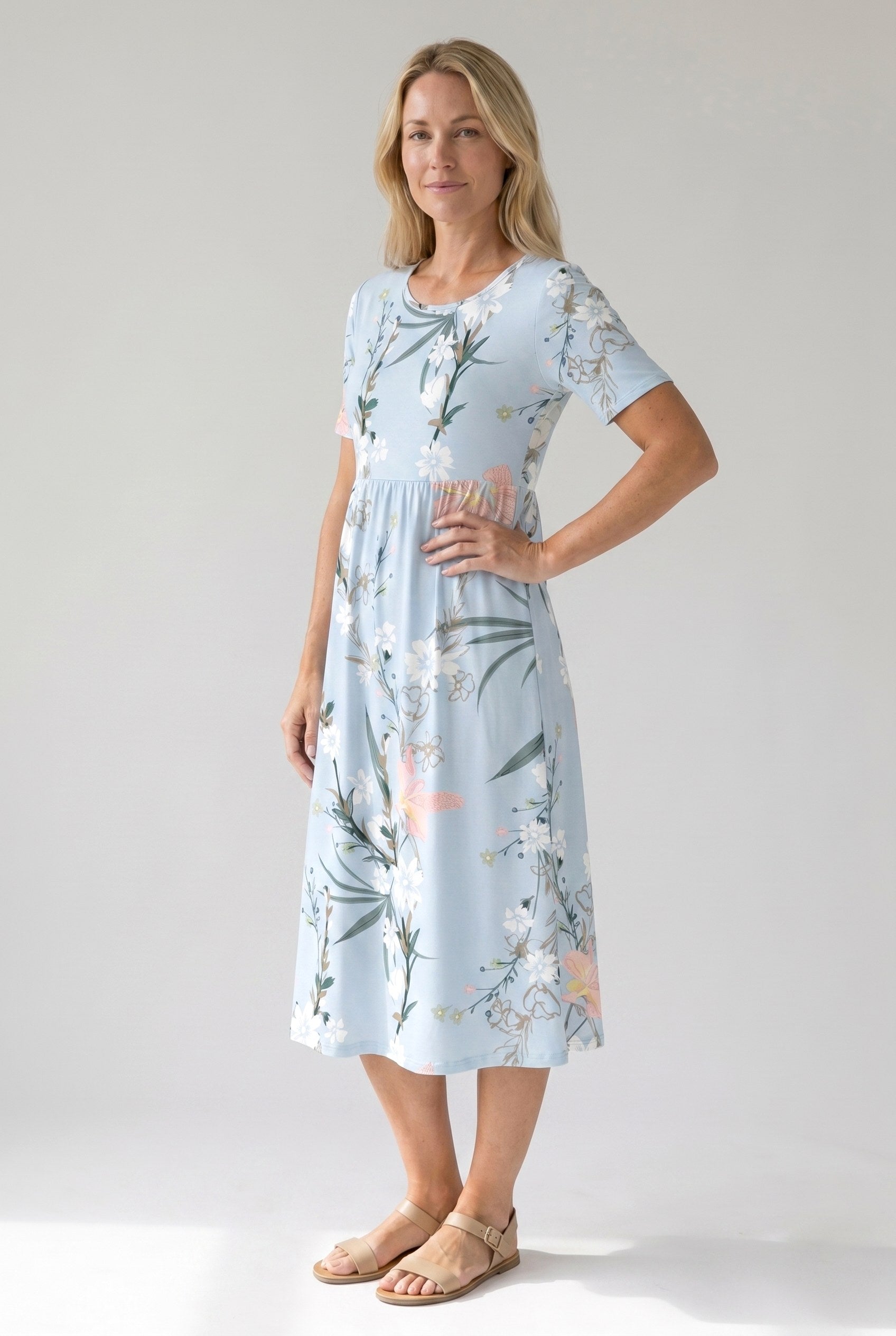 Teagan | Women's Printed Floral Midi Dress - White & Green
