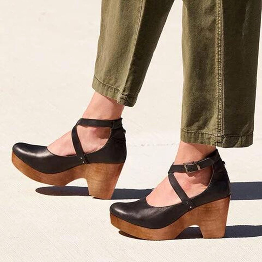 Teresa | Women's Closed-Toe Wedge Heels with Ankle Strap - Black