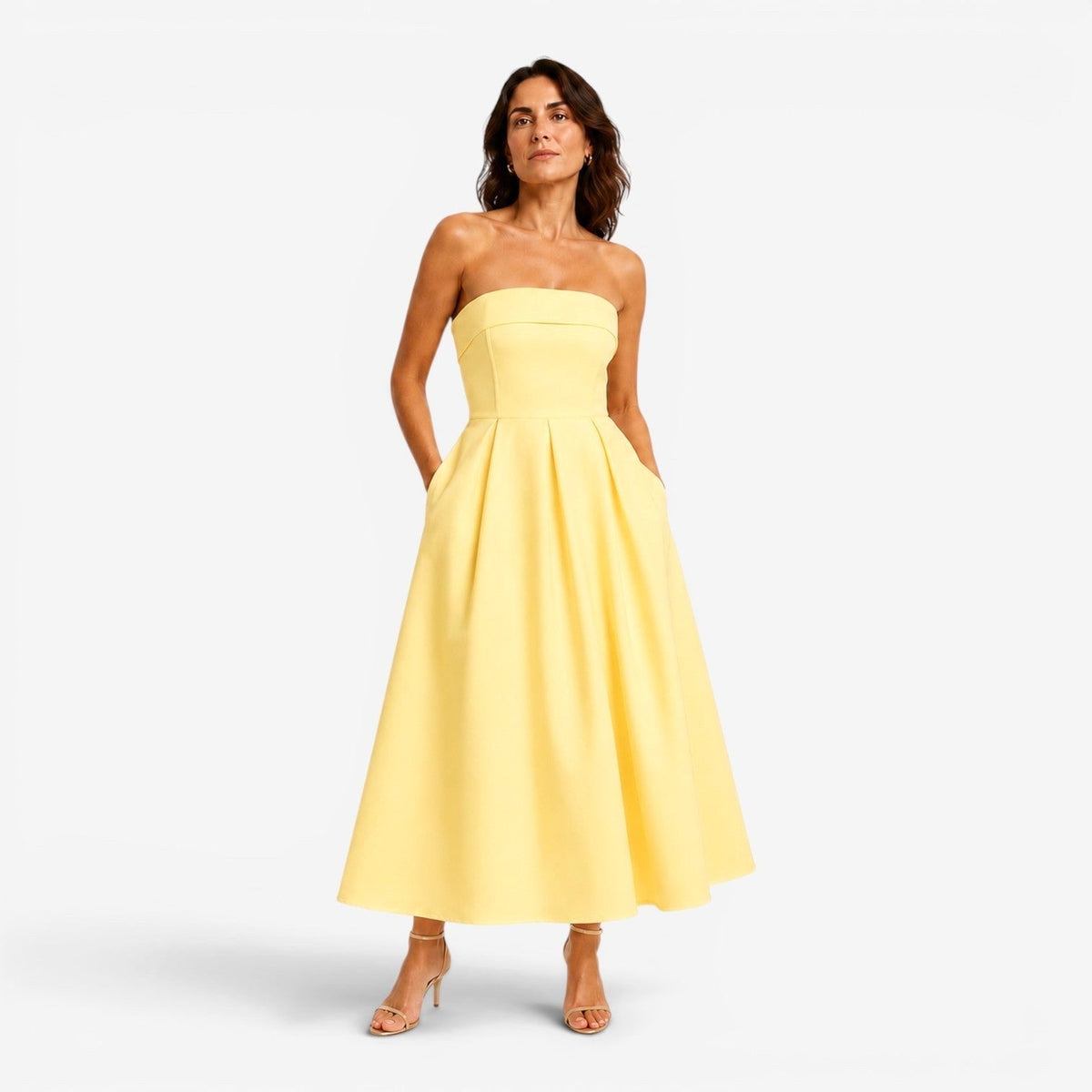 Sage | Women's Pleated Midi Dress, Strapless Occasion Dress | The Dress Cellar