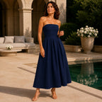 Sage | Women's Pleated Midi Dress, Strapless Occasion Dress | The Dress Cellar