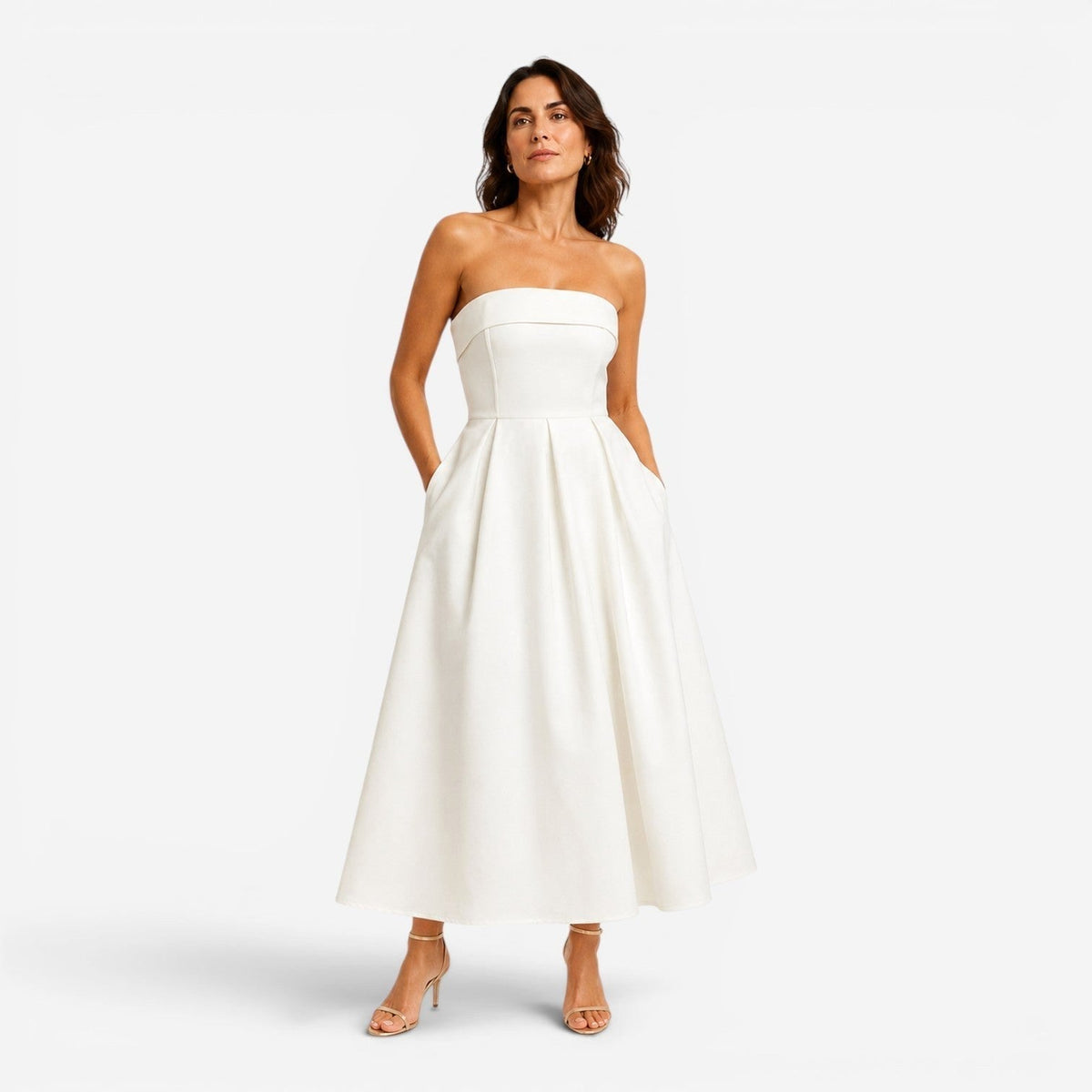 Sage | Women's Pleated Midi Dress, Strapless Occasion Dress | The Dress Cellar