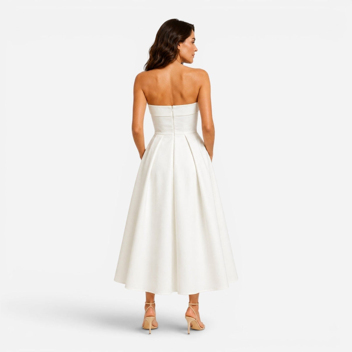 Sage | Women's Pleated Midi Dress, Strapless Occasion Dress | The Dress Cellar